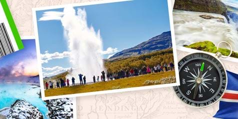 Iceland: Between Ice and Fire header image with a picture of the blue lagoon and Strokkur Geyser